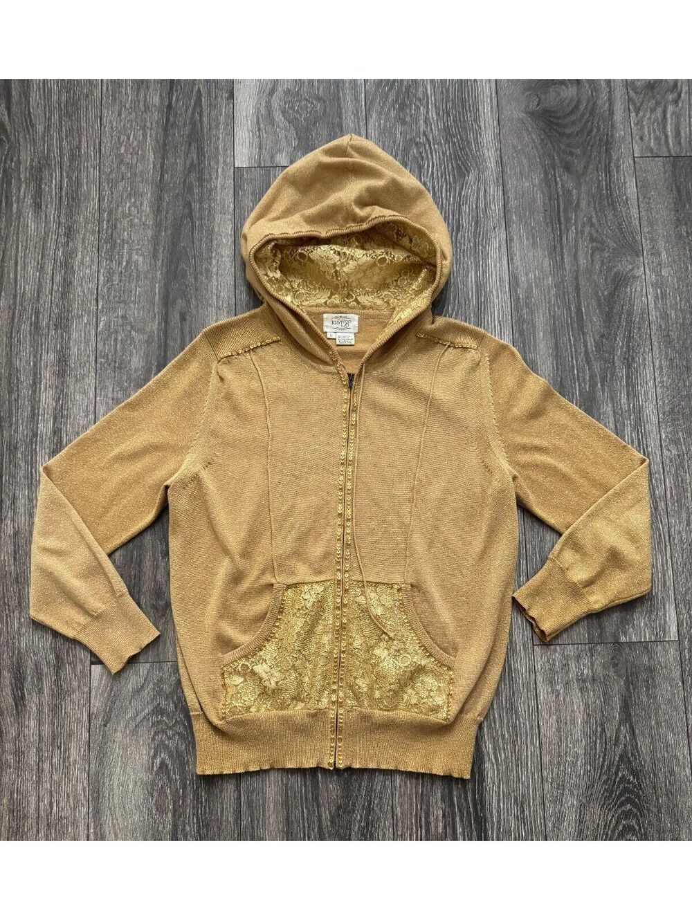 Just B Gold Metallic Lace Sequin Zip Hoodie L Y2K McBling Glam Jacket